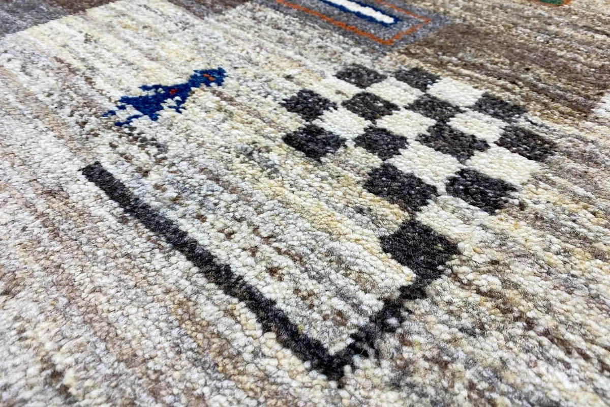 Gabbeh rug 197x150 cm with beige pile and a black-and-blue diamond pattern