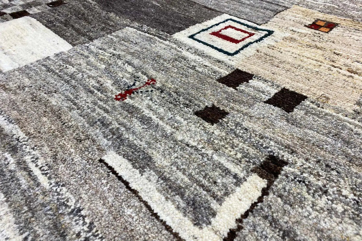 Rug 236x170 cm with geometric Gabbeh pattern in gray, beige, dark brown