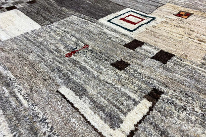 Rug 236x170 cm with geometric Gabbeh pattern in gray, beige, dark brown
