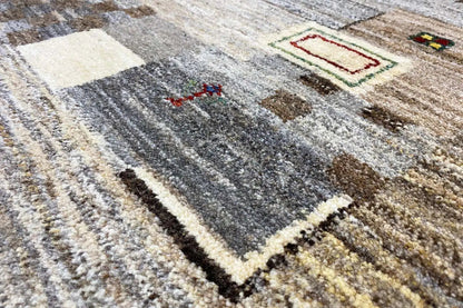 Gabbeh rug 206x155 cm with multicolored geometric pattern and fringes