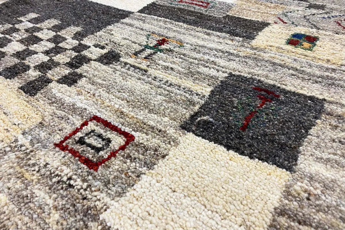 Gabbeh rug, 192x152 cm, beige with graphic square patterns and red accents