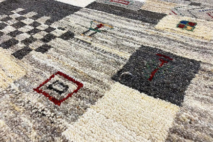 Gabbeh rug, 192x152 cm, beige with graphic square patterns and red accents