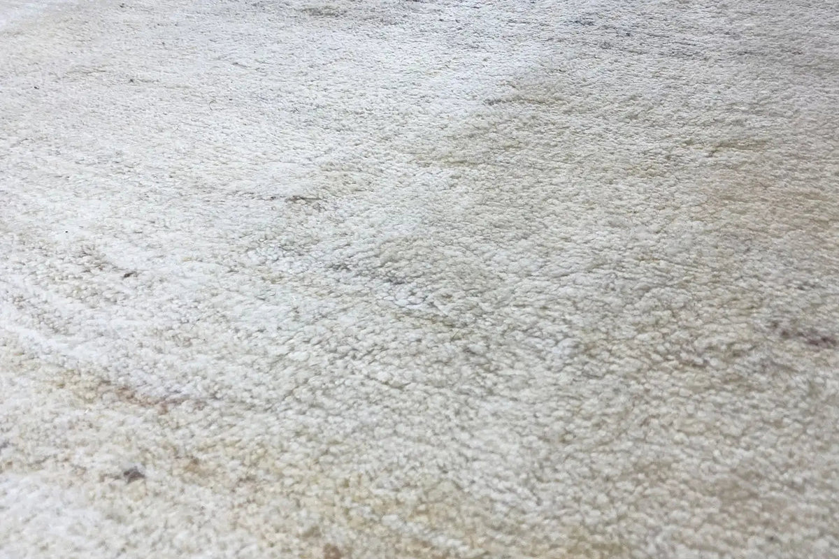 Gabbeh rug in light beige with a dense pile surface, close-up view