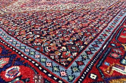 Rug ornament in red, blue, and beige with decorative border, close-up of the patterned area