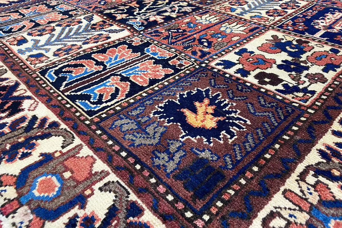Bakhtiari rug 204x142 cm with patterned tiles in blue, red, and beige