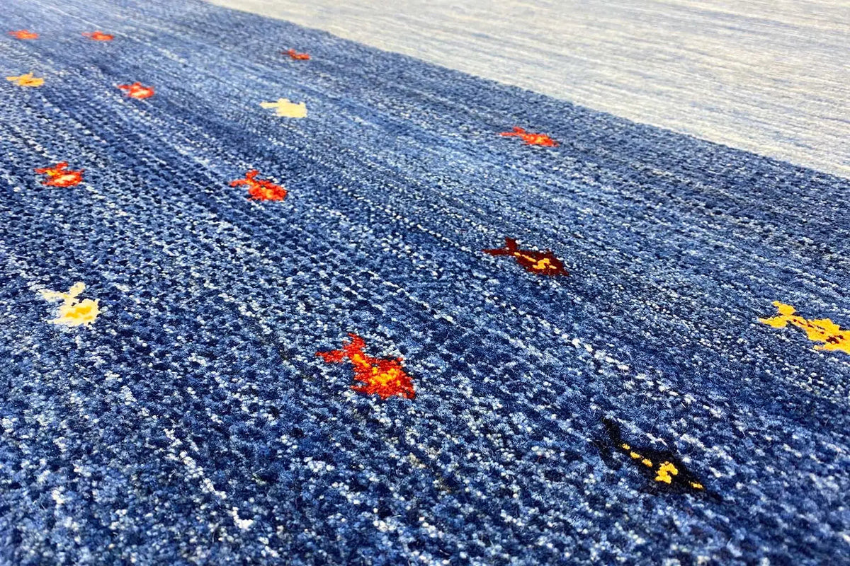 Blue Lori Gabbeh rug with colorful dot motifs, 193x150 cm