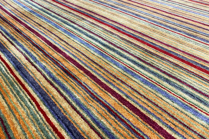 Striped Gabbeh rug with multicolored bands and a light background, rectangular