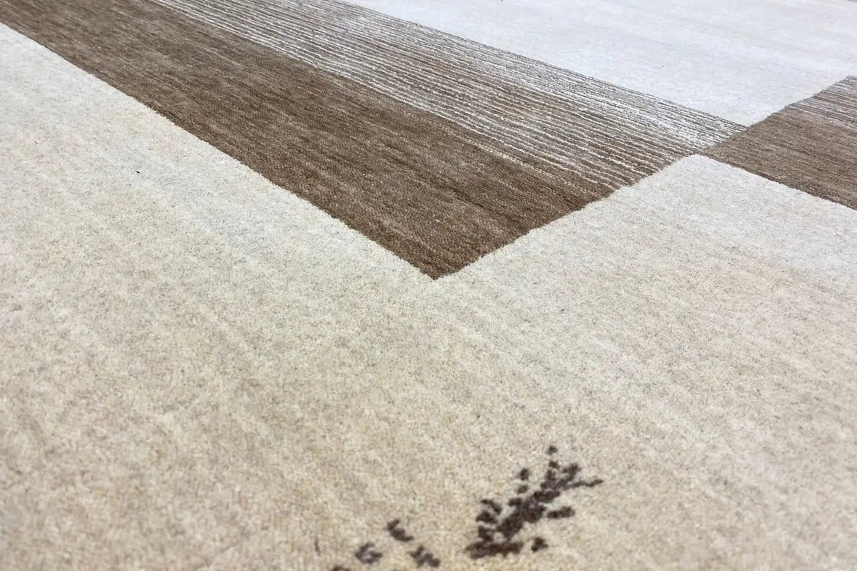 Gabbeh rug with geometric bands, light beige and brown, short pile, 200x150 cm