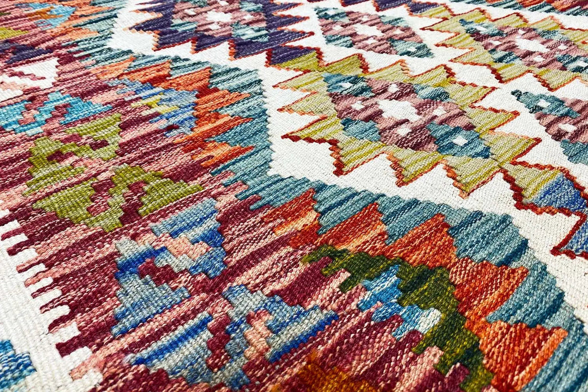 Kilim detail with zigzag and triangular ornaments, in blue, red, and yellow
