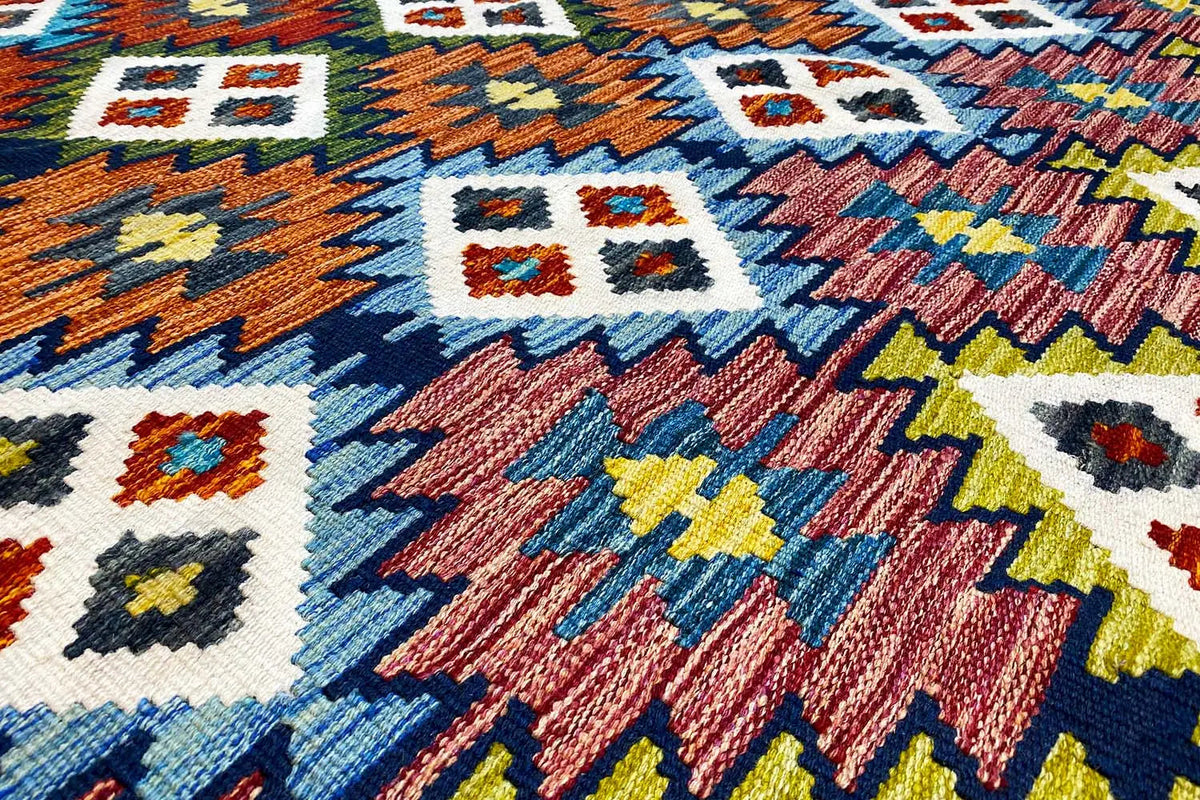 Kilim Afghan rug with a geometric pattern, multicolored