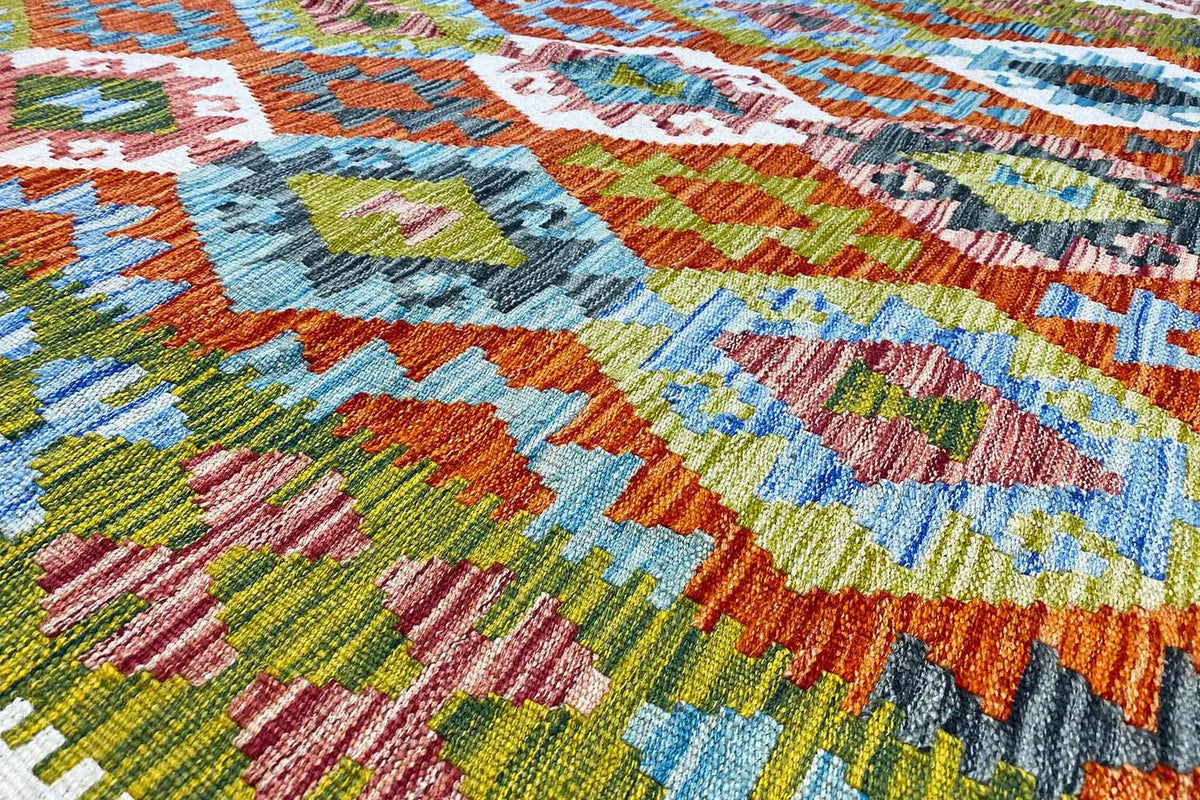 Afghan kilim 200×150 cm with colorful striped and diamond patterns, woven