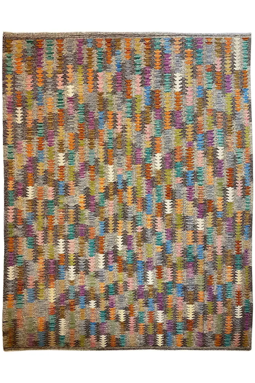 Kilim rug with a colorful pattern and border all around, rectangular