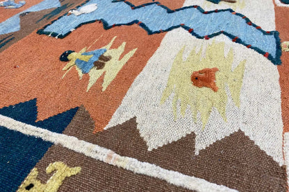 Kilim rug detail with floral motifs and zigzags in brown, blue, and cream