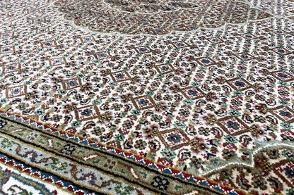 Indo Tabriz rug: patterned pile with a border edge and fringes along the edge