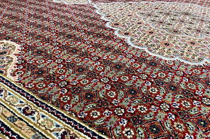 Indo Tabriz rug, red pattern with floral ornaments, close-up