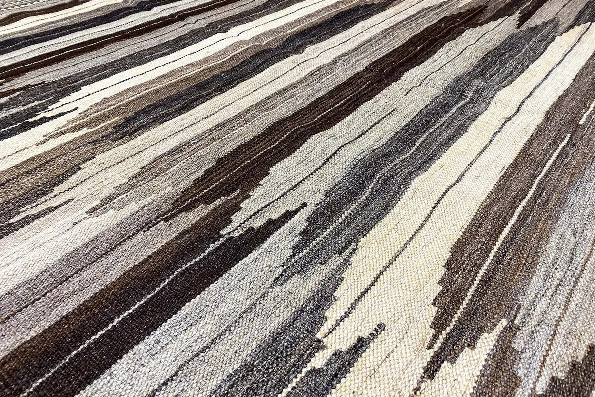 Kilim Qashqai rug with a striped pattern in beige, gray, and dark brown