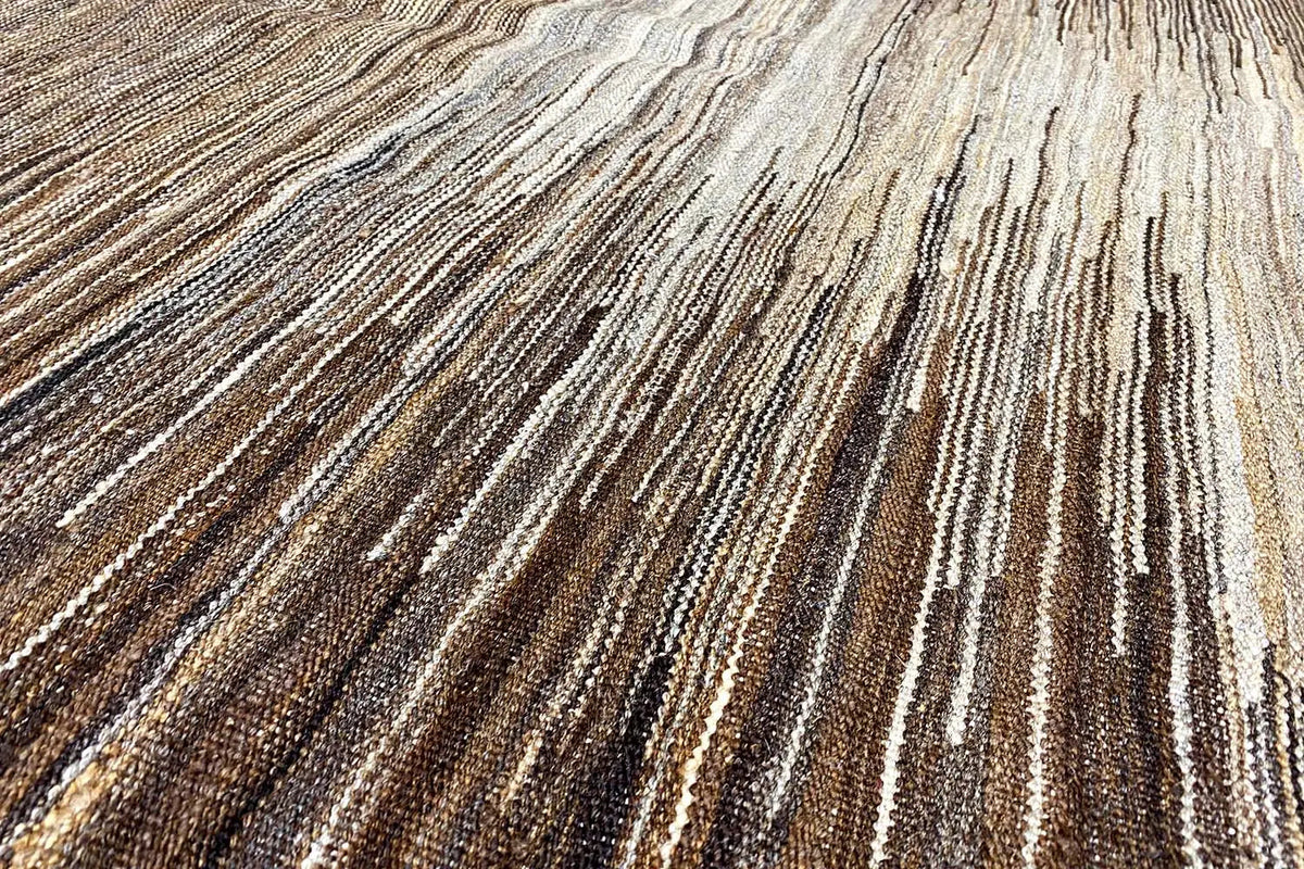 Kilim rug with fine brown and beige stripes, dense woven surface