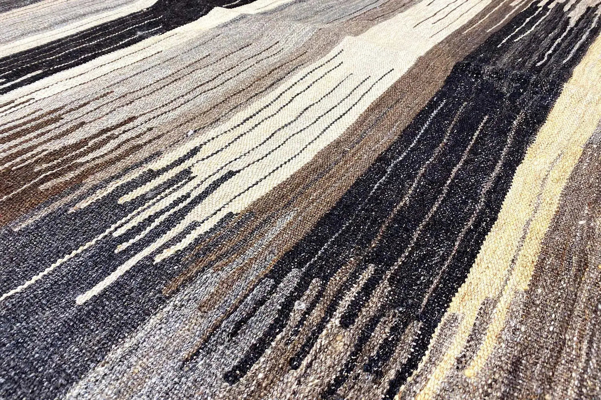 Kilim rug with multicolored stripes, black-gray-beige, densely woven