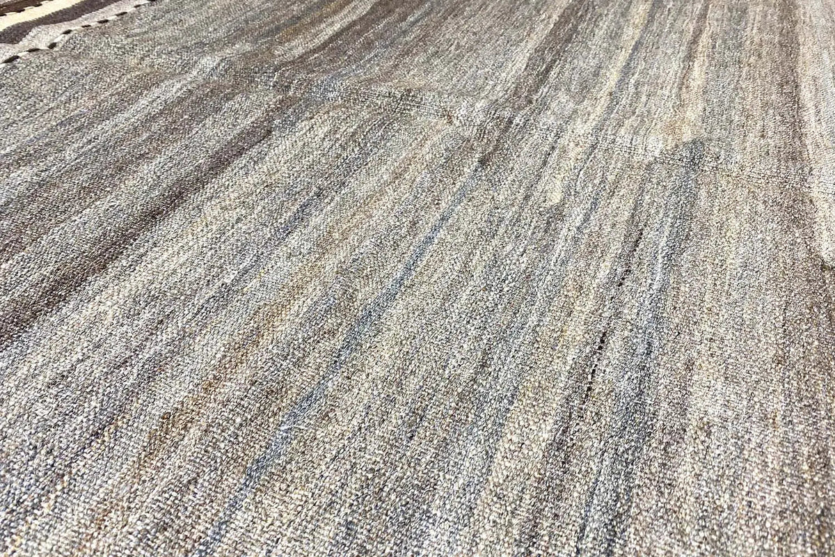 Kilim rug with a gray-brown pattern and fine blue stripes, 148x103 cm