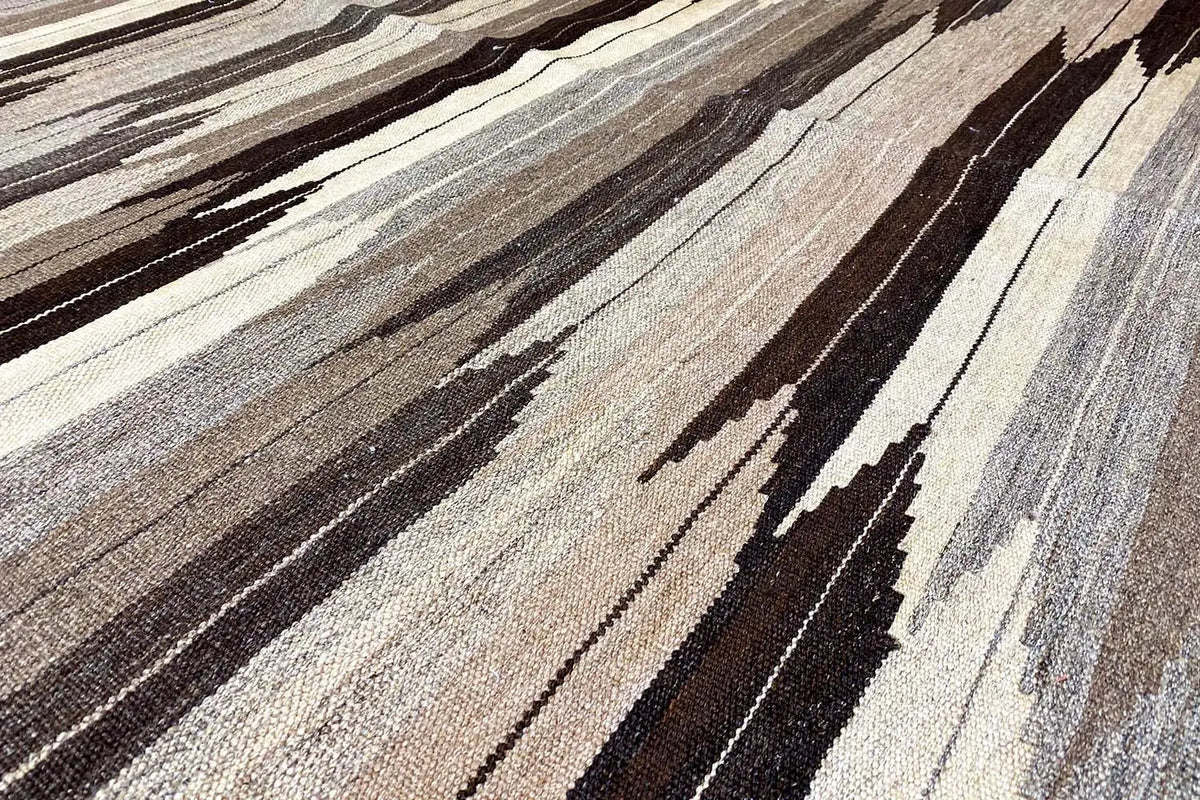 Kilim Qashqai rug with a striped pattern in beige, brown, and gray, detail