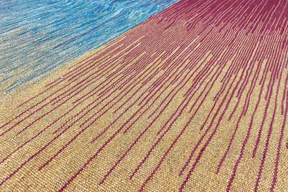 Kilim rug with fine stripes in light blue, cream, and violet, dense pile