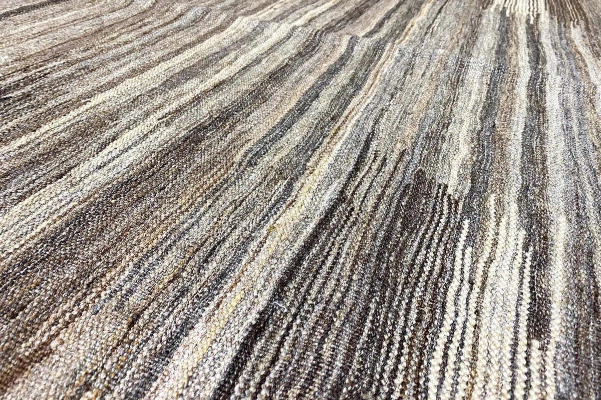 Kilim rug with fine, diagonal stripes in beige, brown, and dark gray