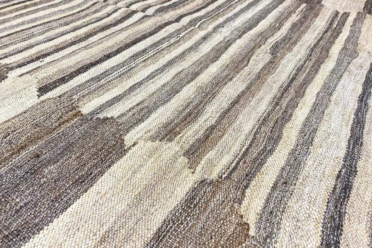 Kilim Qashqai rug with a striped pattern in beige, gray, and brown