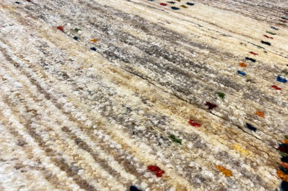 Gabbeh rug, beige pile with multicolored striped patterns