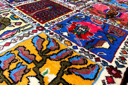 Close-up of the colorful carpet pattern with red, blue, yellow, and ornaments in the field