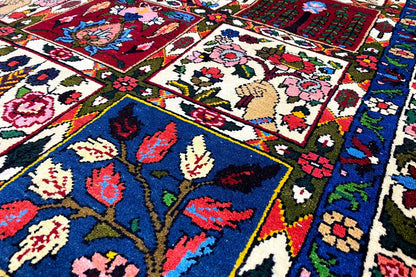 Carpet surface with colorful patterns of diamonds, flowers, and abstract ornaments.