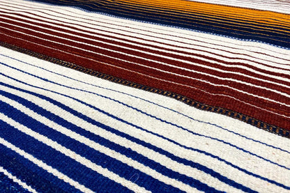 Kilim rug with fine stripes in blue, white, and red