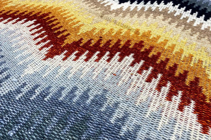 Modern kilim rug 160x230 cm with a zigzag pattern in blue, yellow, and red