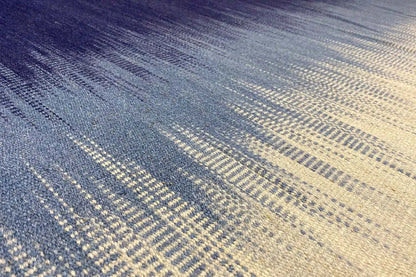 Modern striped kelim dhurrie rug in blue and light beige