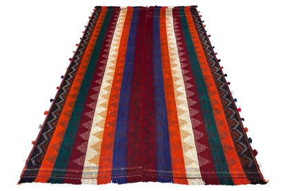Jajim rug with wide diagonal stripes, fringes, and a zigzag edge