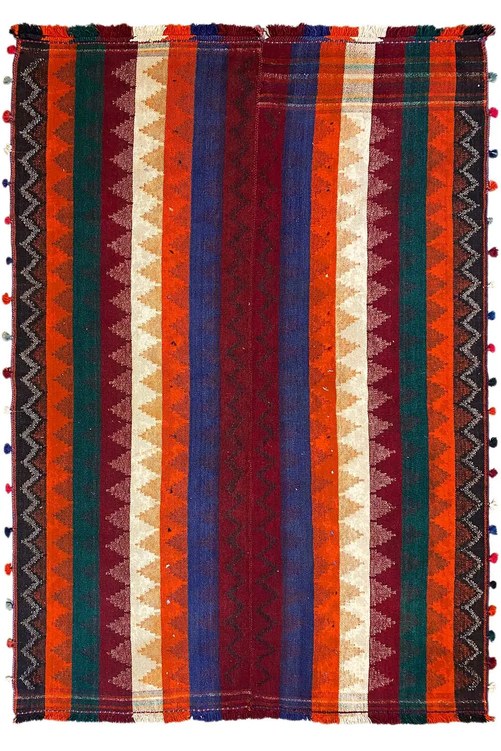 Jajim rug with vertical stripes in orange, green, blue, red, and a white central band