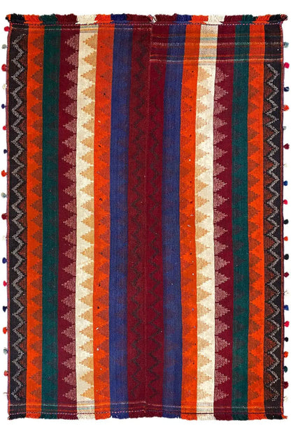 Jajim rug with vertical stripes in orange, green, blue, red, and a white central band