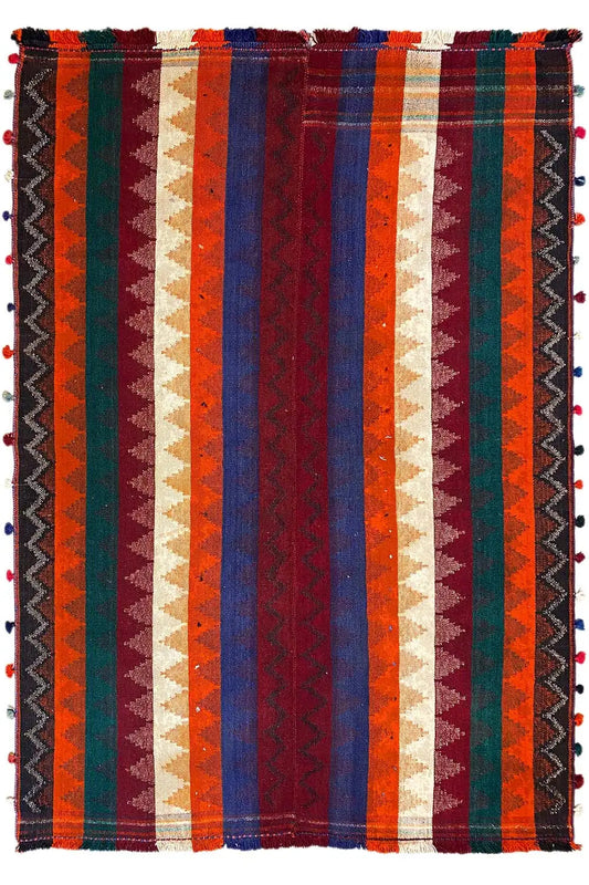 Jajim rug with vertical stripes in orange, green, blue, red, and a white central band