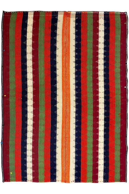 Jajim rug, laid flat; rectangular with vertical stripes in red, green, cream, and blue.