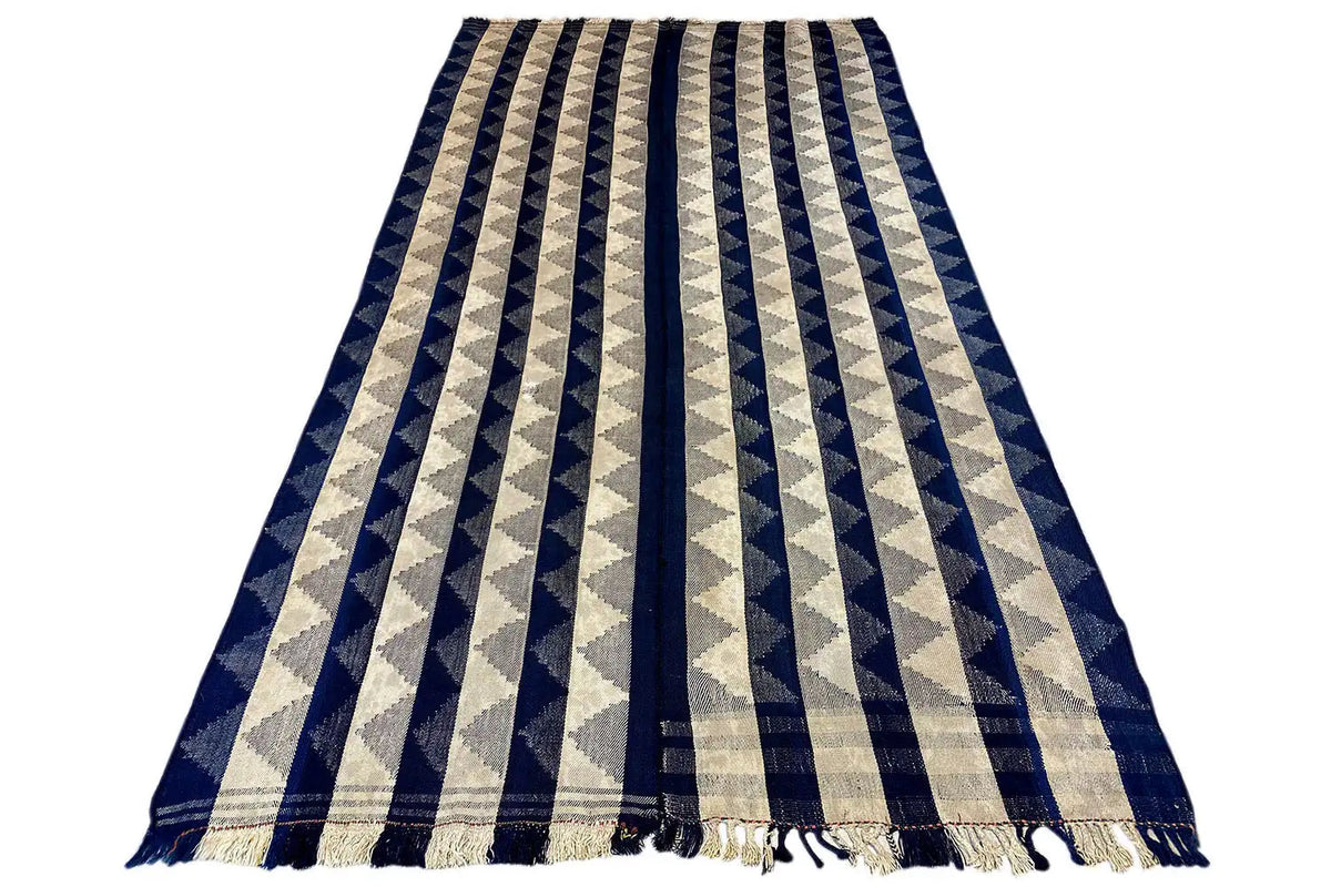 Rectangular jajim rug, striped in dark blue and beige, with fringes