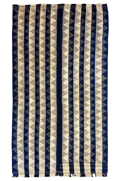 Rectangular jajim rug, vertical blue and beige stripes, fringes