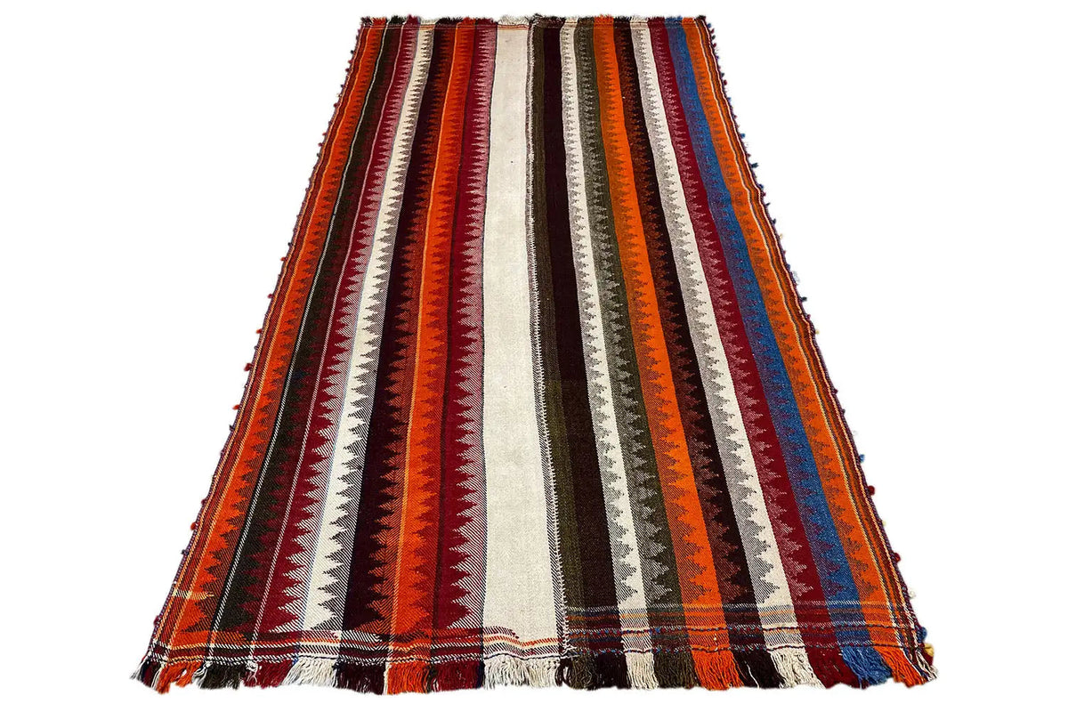Jajim rug in a standing view: striped pattern with fringes and vertical zones