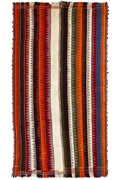 Rectangular jajim rug with stripes in orange, red, beige, gray, and blue
