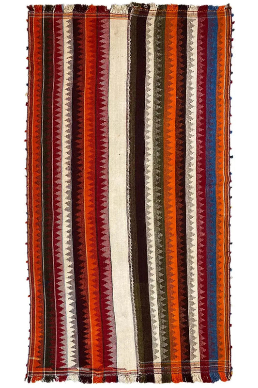 Rectangular jajim rug with stripes in orange, red, beige, gray, and blue