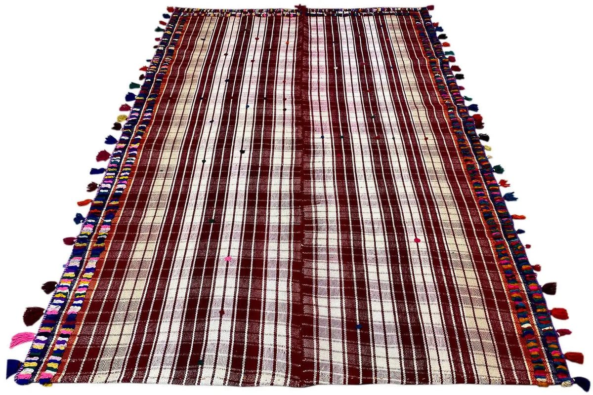 Jajim rug with red-and-white stripes and a colorful decorative border along the sides