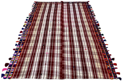Jajim rug with red-and-white stripes and a colorful decorative border along the sides