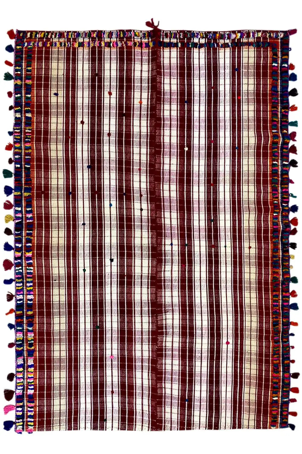 Square jajim rug: red-and-white stripes with a colorful border and tassels