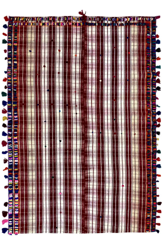 Square jajim rug: red-and-white stripes with a colorful border and tassels