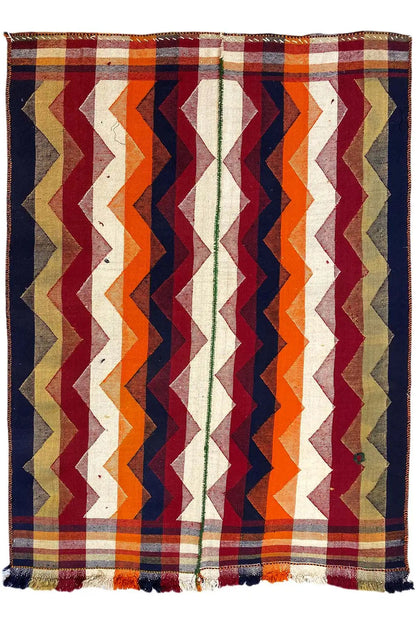 Square jajim rug with a zigzag pattern in dark blue, orange, burgundy, and beige