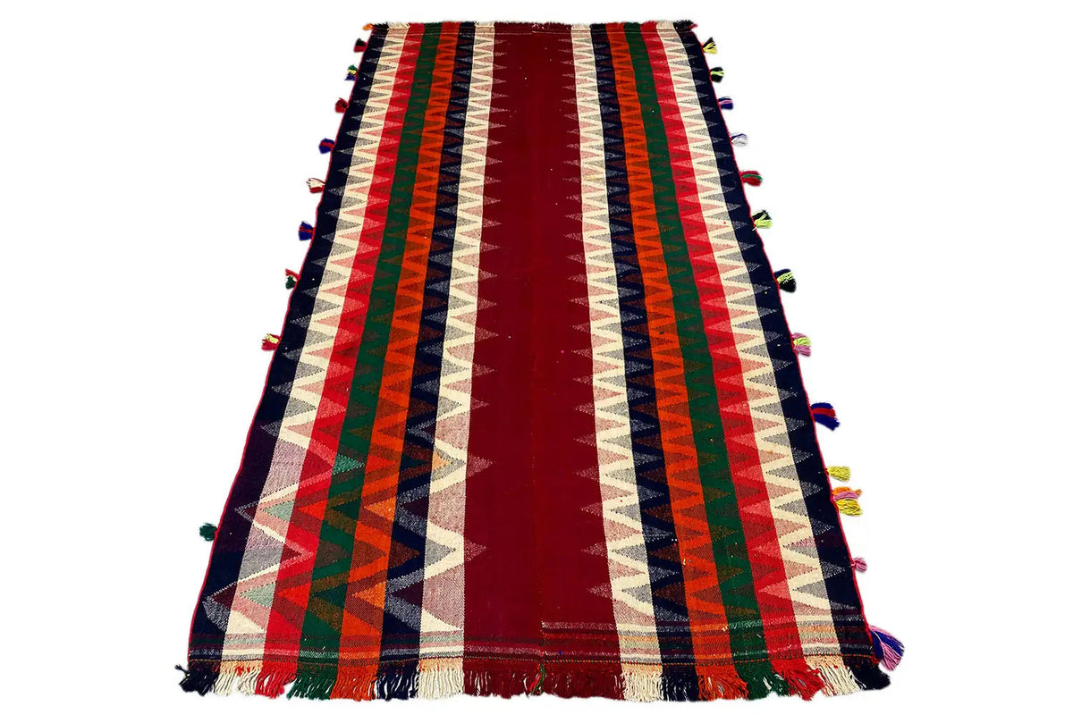 Jajim rug, narrow design: stripes in red and multiple colors, fringes on the sides