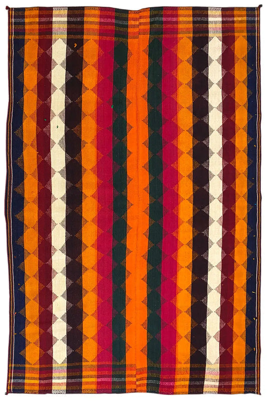 Rectangular jajim rug with vertical color stripes and diamonds, bound edge